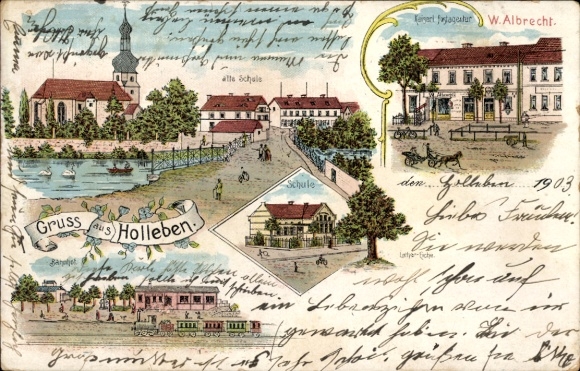 Litho Holleben Teutschenthal im Saalekreis, Kirche, alte Schule, Postagentur W. Albrecht, Bahnhof