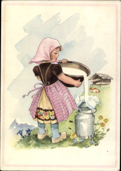 Artist Postcard Oldenburg Wittig, Lotte, Girl filling milk into milk can, EAS