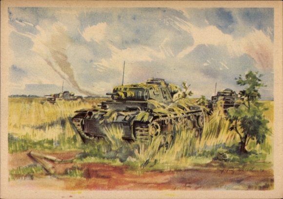 Artist Postcard Hensel, Camouflaged Panzer III, Wehrmacht