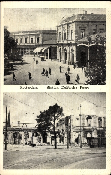Ansichtkaart Rotterdam Zuid-Holland Nederland, treinstation Delftsche Poort, ruïnes, verwoesting tijdens de Tweede Wereldoorlog