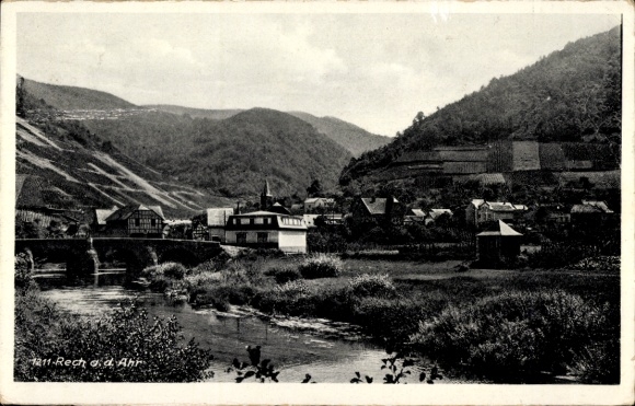 Postcard Rech an der Ahr, view of the village, bridge, Ahr river, mountains