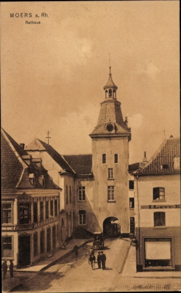 Postcard Moers am Niederrhein, town hall, building, street scene, on the move