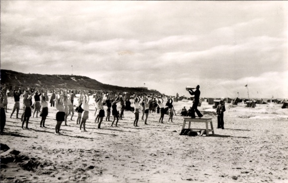 Postcard North Sea resort Langeoog East Frisia, beach gymnastics
