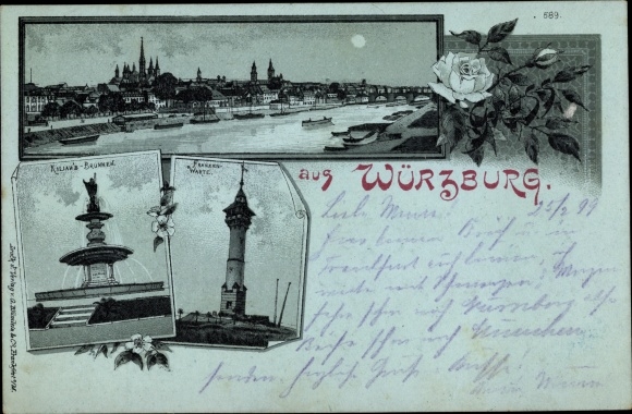 Moonlight Chromo-Litho Würzburg am Main Lower Franconia, fountain, control room, general view
