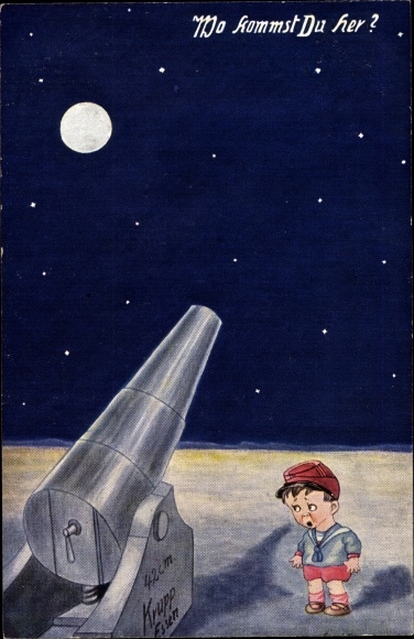 Kunstenaar ansichtkaart Diehl, Carl, waar kom je vandaan, 42cm Krupp-kanon, Fransman