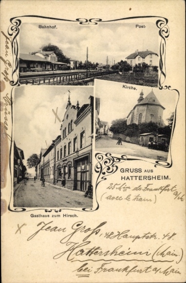 Ak Hattersheim am Main, Bahnhof, Gleisansicht, Post, Gasthaus zum Hirsch, Kirche
