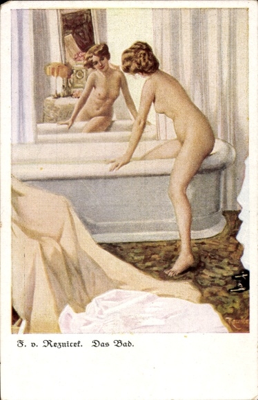 Künstler Ak Reznicek, Ferdinand, Das Bad, nackte Frau, Frauenakt