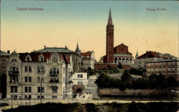Ak Teplice Teplitz Schönau Reg. Aussig, Teilansicht der Ortschaft mit der evangelischen Kirche