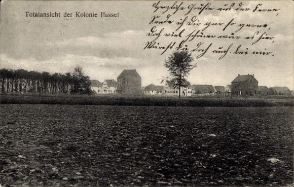 Postcard Hassel on the Weser, total view of the colony