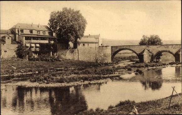 Postcard Echternacherbrück Rhineland Palatinate, Hotel Bitburger Hof, owner A. Wagner, bridge