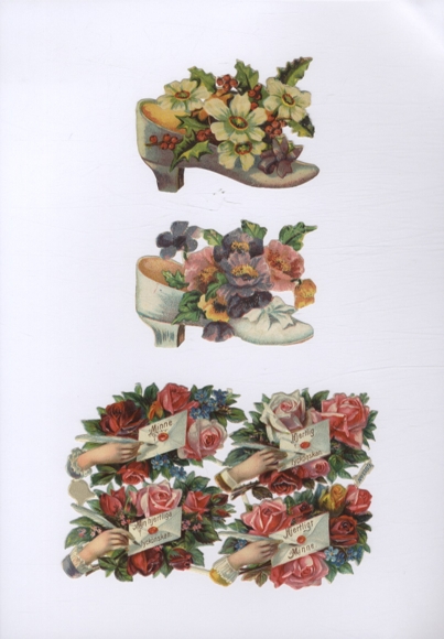 Oblate 4er Block, Hände, Rosen, Briefe, 2 Einzeloblaten Schuhe mit Blumen, ca. 9 x 14 cm u. 6 x 9 cm