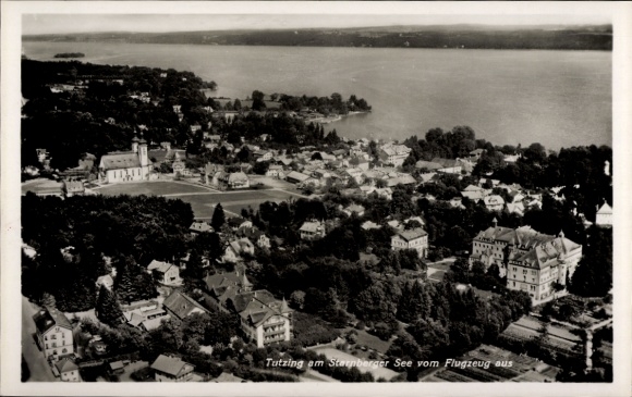 Postcard Tutzing on Lake Starnberg Upper Bavaria, aerial view of Tutzing, Lake Starnberg, houses and N