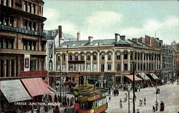 Postcard Belfast Northern Ireland, Castle Junction, Tram, Buildings, Shops