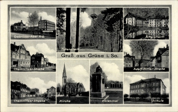 Ak Grüna Sachsen, Ehrenmal, Kirche, Schule, Strassen