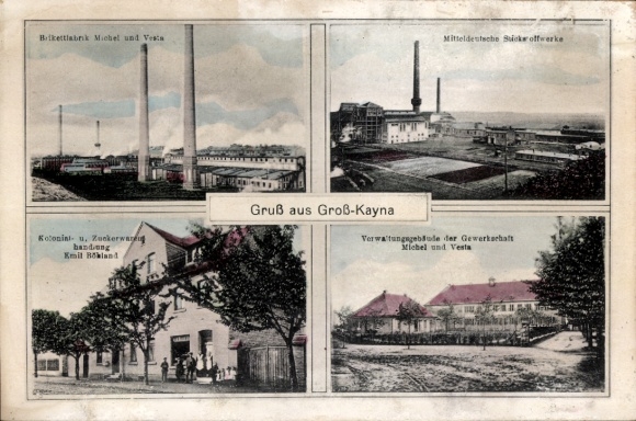 Postcard Großkayna Braunsbedra Saalekreis, briquette factory, nitrogen works, grocery store