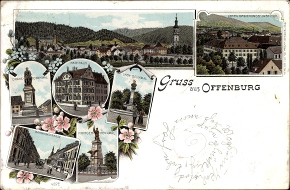 Chromo-Litho Offenburg in the Black Forest of Ortenaukreis, Oken Monument, Drake Monument, City Hall, Bahnhofstrasse