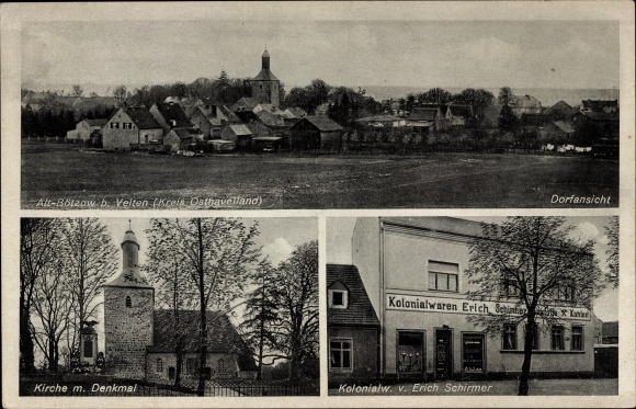 Postcard Alt Bötzow Oberkrämer Havelland, Panorama, Grocery Store Erich Schirmer, Church, Monument
