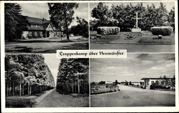 Postcard Trappenkamp in the district of Segeberg, memorial, building, street section