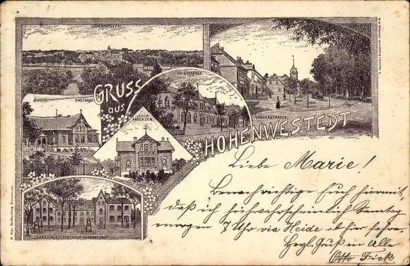 Chromo-Litho Hohenwestedt in Schleswig Holstein, elementary school, Vorderstrasse, vicarage, Villa Andersen