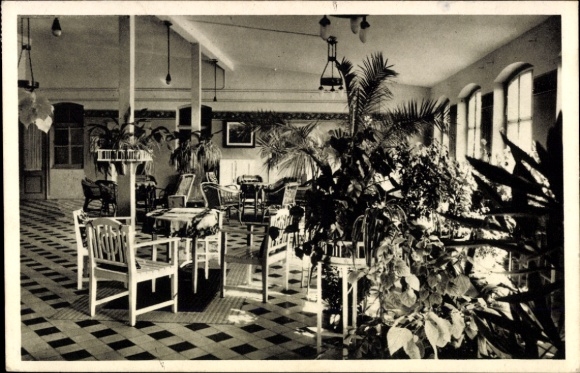 Postcard Eisenberg in Thuringia, interior view with plants and chairs, sisters' convalescent home, Haken