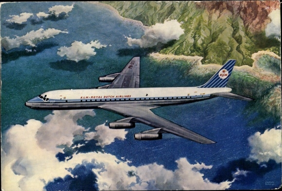 Postcard Dutch passenger aircraft Douglas DC-8 Intercontinental Jet, KLM