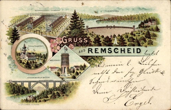 Chromo-Litho Remscheid in the Bergisches Land, exhibition building, dam, castle, water tower, bridge