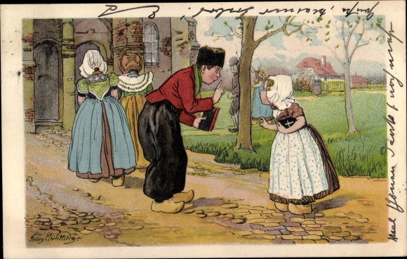 Artist Chromo-Litho Mühlberg, G., children in Dutch traditional costumes, church, argument
