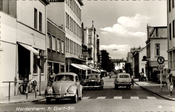 Postcard Nordenham in Oldenburg, Lower Saxony, historical city view, Fr. Ebert-Str., cars, vehicles...