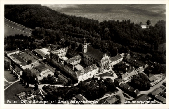 Postcard Fürstenfeldbruck in Upper Bavaria, Police Officer and Police School, aerial photograph