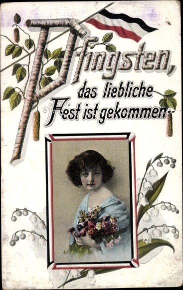 Passepartout PC congratulations Pentecost, girl with bouquet of flowers, lilies of the valley, flag