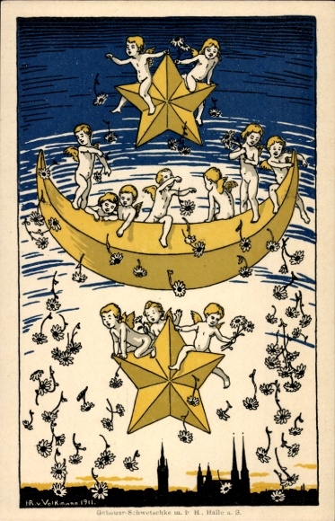 Artist Postcard Volkmann, Halle an der Saale, angel with flowers, coat of arms, star, children's aid day