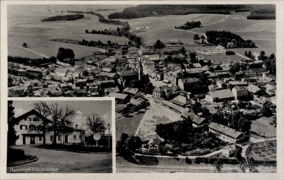 Postcard Holzkirchen in Upper Bavaria, aerial photograph, station restaurants