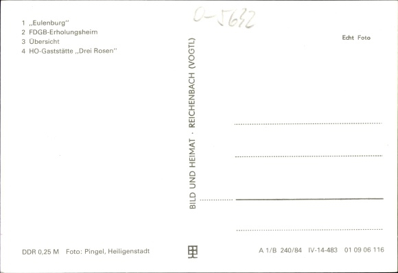 Postcard Uder in Eichsfeld Thuringia, Eulenburg, FDGB convalescent home, town view, HO restaurant three roses