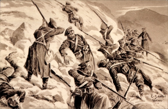 Artist Postcard Schaller, C., Encircled Russian Division in the Carpathians, Battle, I WW