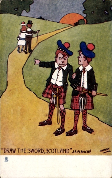 Artist Postcard Children in Scottish Costume, Sword, Lovers