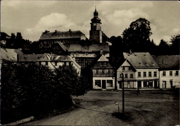 Postcard Hranice u Aše Rossbach Roßbach Region Karlovy Vary, black and white photo of a town with church tower, a