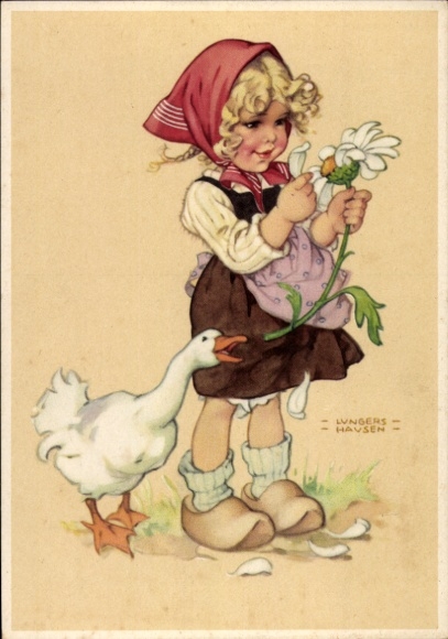 Artist Postcard Lungershausen, Ilse Wende, girl with flower, goose