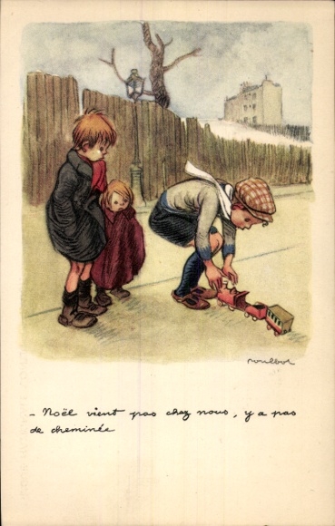 Artist Postcard Poulbot, Francisque, Boys with toy train, Ligue Nationale contre le Taudis