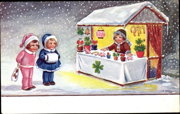 Artist Postcard Wills, John, Christmas market, stall, lucky charm