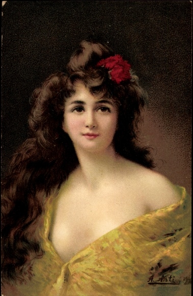 Artist Postcard Asti, Angelo, Woman with Flower in Hair