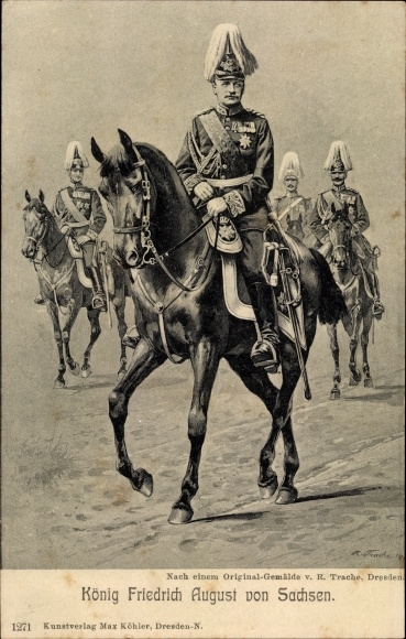 Artist PC Trache, R., King Friedrich August III. of Saxony on horseback, medal, plume