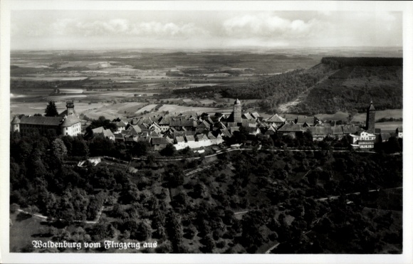 Postcard Waldenburg in Saxony, aerial view of clouds, landscape