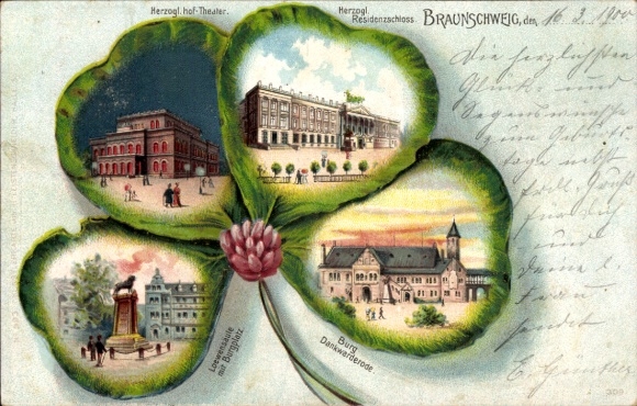 Klaverblad litho Braunschweig in Nedersaksen, kasteel Dankwarderode, woonpaleis, hoftheater
