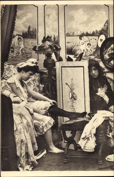 Postcard Parisiennes fin de siecle, lady in the dressing room, stockings