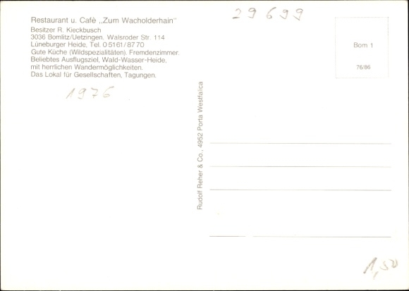 Postcard Bomlitz in Lower Saxony, Restaurant zum Wacholderhain, dining room, terrace, garden