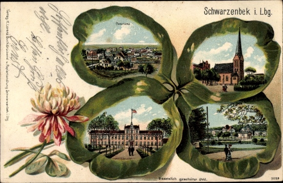 Kleeblatt litho Schwarzenbek in het hertogdom Lauenburg, Franciscuskerk, herenhuis, totaalaanzicht
