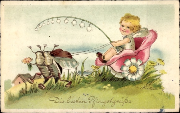 Artist PC congratulations Pentecost, cockchafer, cart, bells of the may, child