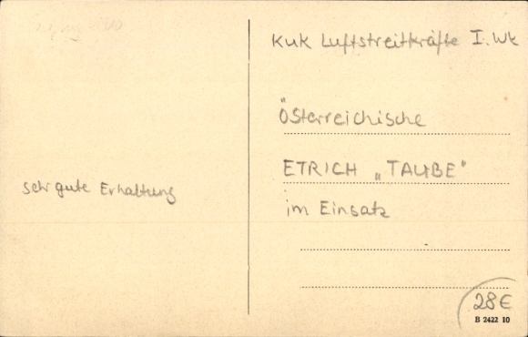 Postcard Kuk Air Force I. WK, Austrian Etrich Taube in action