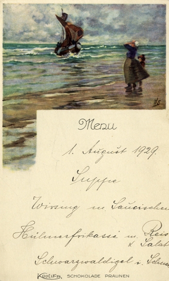 Künstler Menükarte Kr, Kohler Schokoladen und Pralinen, 1. August 1929
