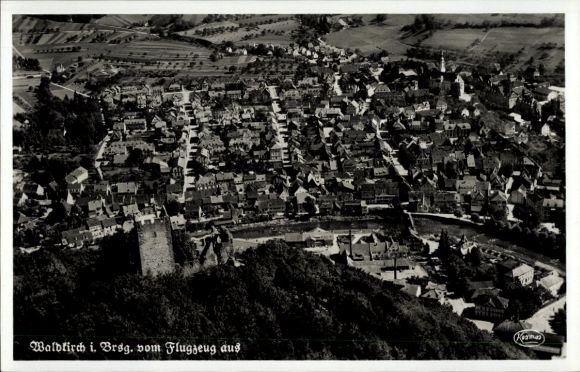 Postcard Waldkirch im Breisgau Black Forest, aerial view of many houses, green landscape, clear view